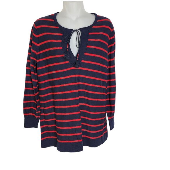 Ann Taylor LOFT Womens Sweater Small Navy Blue Red Striped Split Tie Neck Tassel - Picture 1 of 9